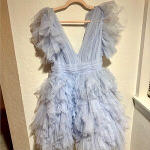 Elegant Mac Duggal Lavender Ruffled Tulle Dress